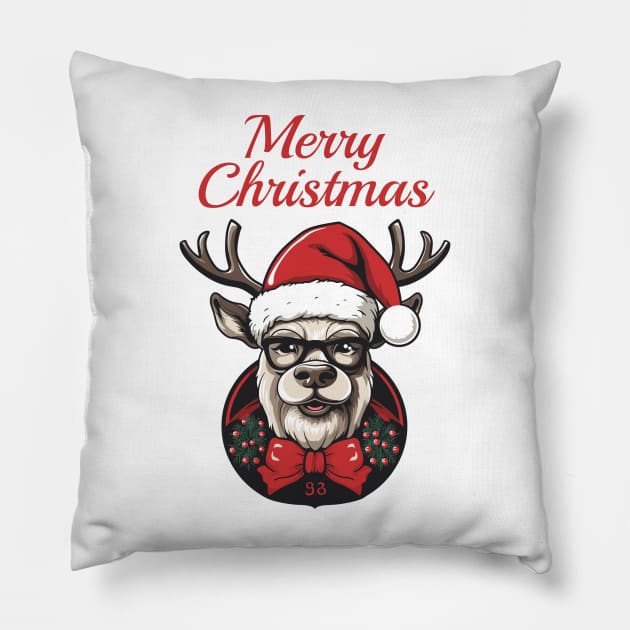 The deer with a Christmas Santa red hat Pillow by DemoArtMode