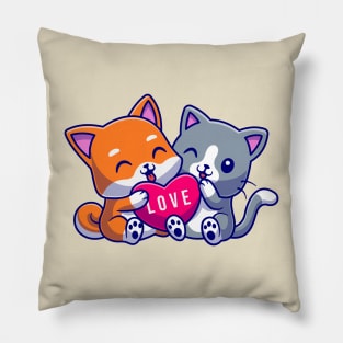 Cute Cat and Cute Dog Holding Love Cartoon Pillow