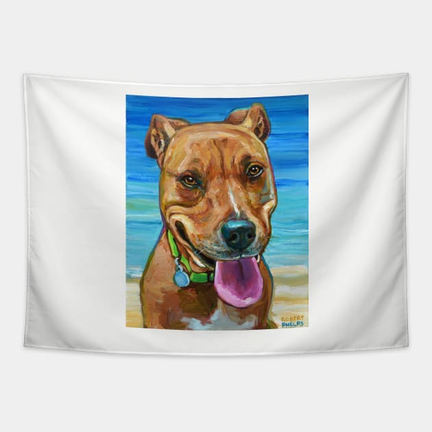 Adorable PITBULL Mix by the beach Tapestry by RobertPhelpsArt