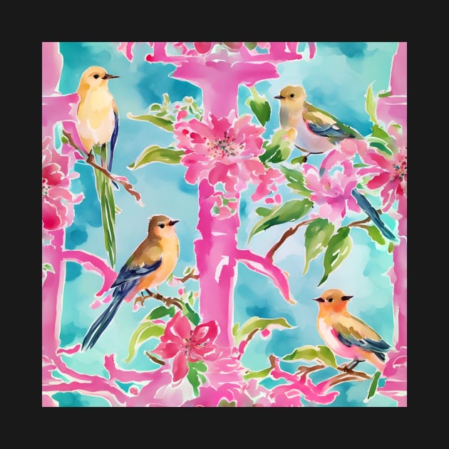Pink and turquoise preppy birds on trellis watercolor by SophieClimaArt