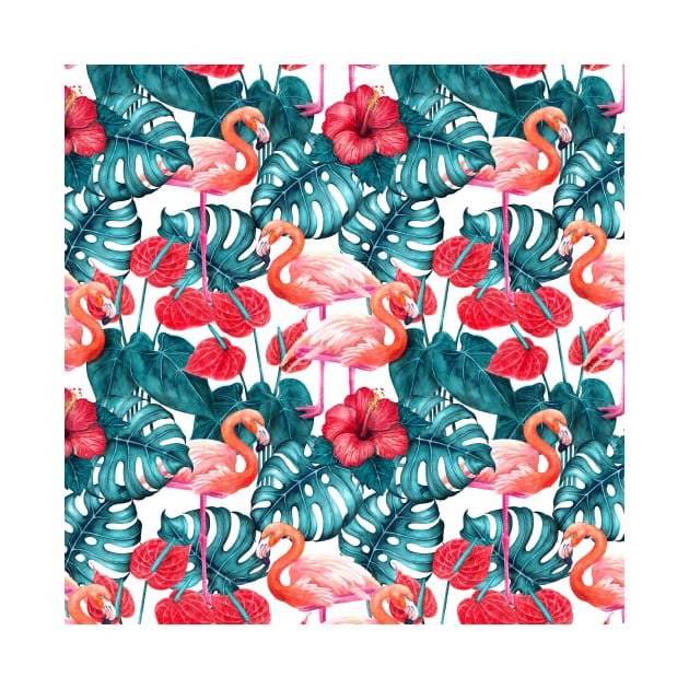 Flamingo birds and tropical garden watercolor by katerinamk