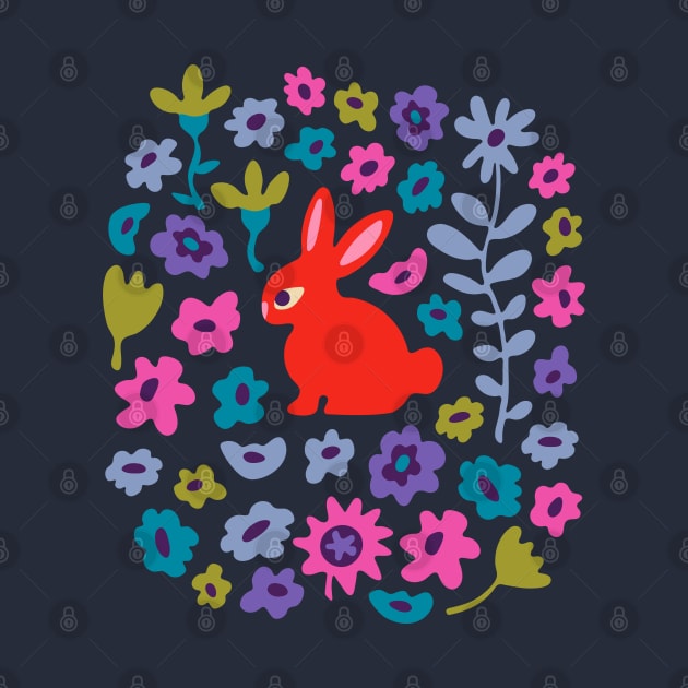 BUNNY RABBIT Cute Baby Animal with Flowers in Bright Red - Kids Easter Spring and 2023 Year of the Rabbit - UnBlink Studio by Jackie Tahara by UnBlink Studio by Jackie Tahara