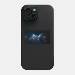 Planet earth and the moon in space, stars fill the sky, with sunlight, 3D illustration Phone Case