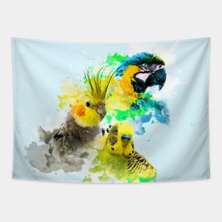 Aquarell Watercolor Splatter Budgie Macaw Cockatiel Parrot Family Tapestry