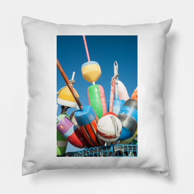 Collection of colorful fishing or lobster trap buoys and markers at wharf in Provincetown, Massachusetts, USA  Looks great on a sticker and even better as a canvas print on your wall. Pillow by brians101
