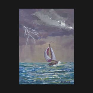 Weathering the Storm, Ship in a Storm, Learning to Sail Rough Seas, Nautical Painting T-Shirt