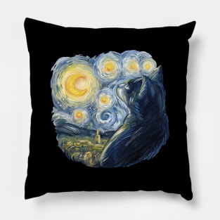 Cat in Van Gogh Starry Night Style Pillow