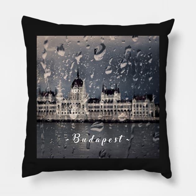 Hungarian Parliament in the Rain Pillow by BethsdaleArt