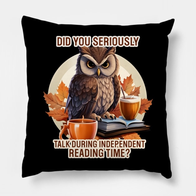 Owl reading time Coffee and books Pillow by beangeerie