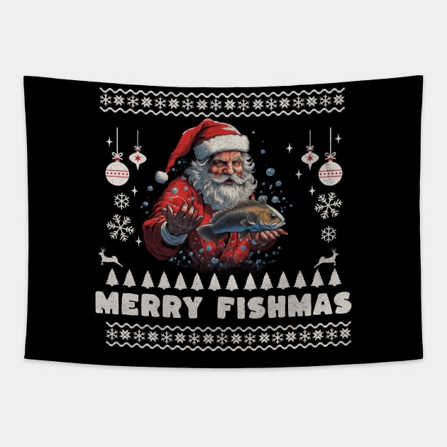 Merry Fishmas Santa Fishing Ugly Christmas Sweater Tapestry by VisionDesigner