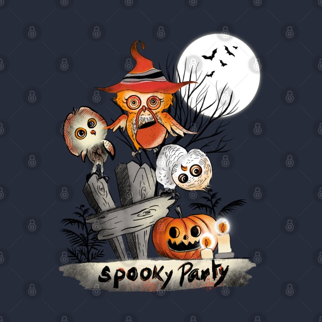 Cute Owls’ Spooky Party _ what we do at Halloween Night _ Ink Illustration by Shadesandcolor