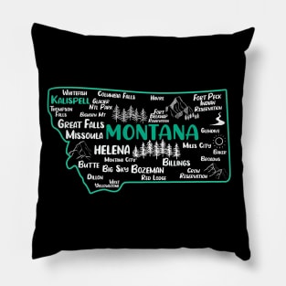 Cute map of Kalispell Montana, Helena, Missoula, Great Falls, Butte, Bozemian, Big Sky Pillow