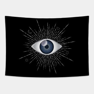 Blue Evil Eye Silver Eyelashes Sun Moon Star Nazar Mati Talisman on Black Tapestry