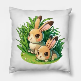 bunnies on grass - cartoon drawing Pillow