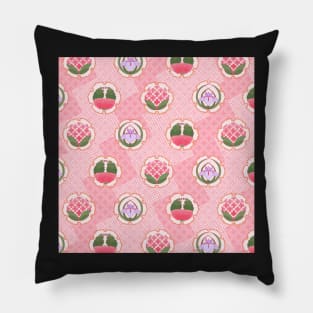 Traditional Japanese Floral Shippou Summer Flower Crest Pattern with Hydrangea, Iris, and Peony in Pastel Pink Pillow