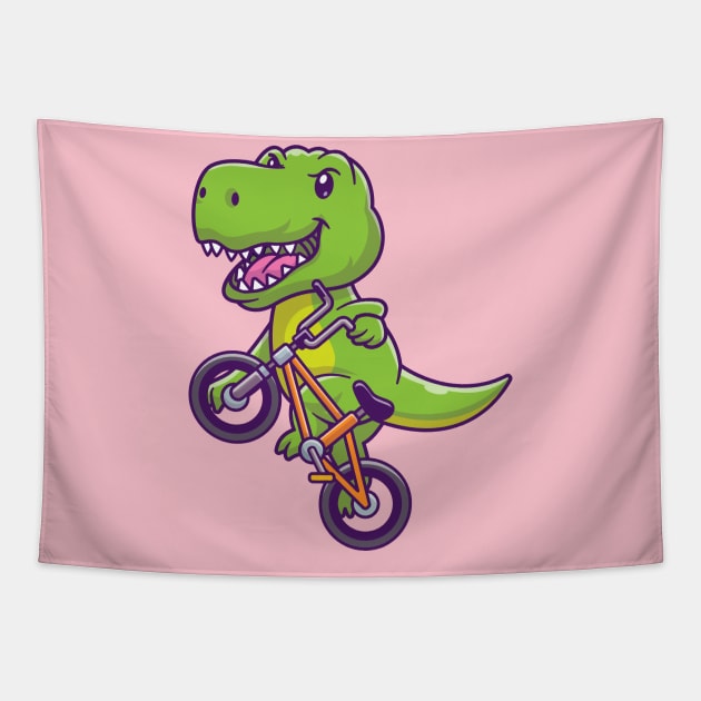 Cute Dinosaur Riding Bicycle Cartoon Tapestry by Catalyst Labs