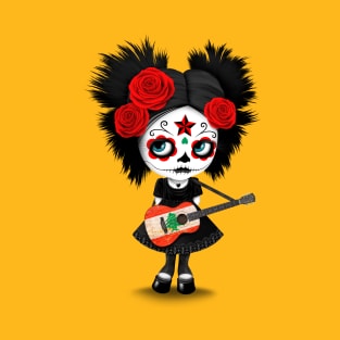 Sugar Skull Girl Playing Lebanese Flag Guitar T-Shirt