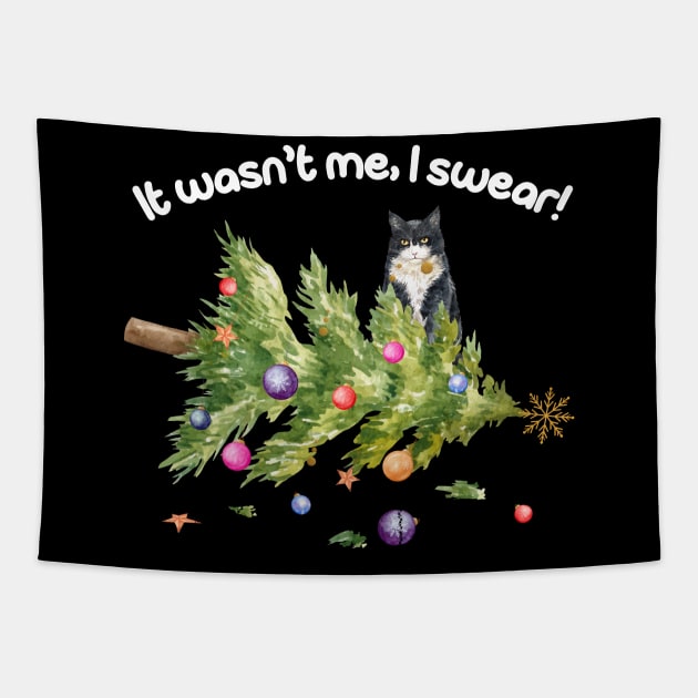 It wasn't me, I swear! Funny Cat With Fallen Christmas Tree Cat Lover Christmas Gift Tapestry by BadDesignCo
