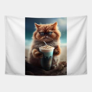 Cute Cat Drinks Coffee at the beach Tapestry