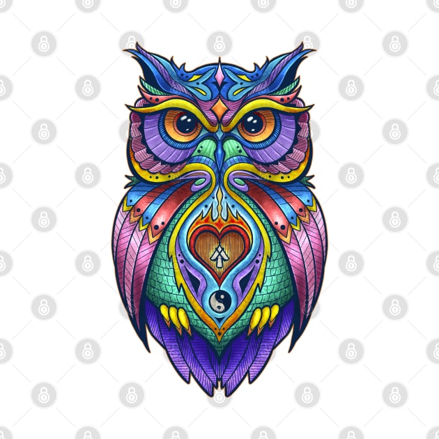 OWL Warrior Tattoo Design, Colorful Zen Spirit Animal by Robbgoblin