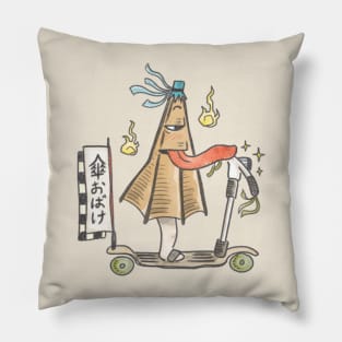 A cute Japanese folklore creature, Kasa Obake on an Old school Scooters Pillow