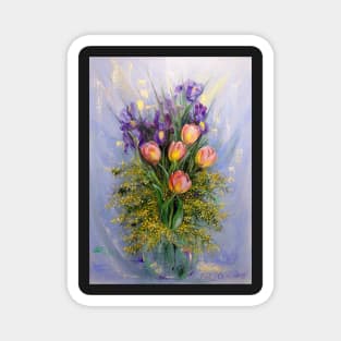 The Gift from Ariel. Irises, Tulips and Mimosa. Magnet