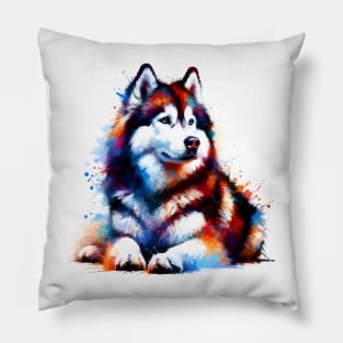 Majestic Siberian Husky in Vibrant Splash Art Style Pillow