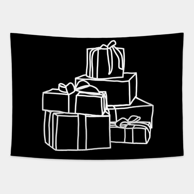 White Line Drawing Pile of Wrapped Christmas Gift Boxes Tapestry by ellenhenryart
