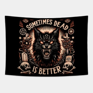 Dead is Better - Evil Cat Woodcut - Vintage Horror Cemetary Tapestry