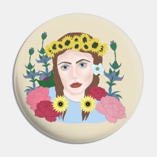 Girl with blue eyes with sunflowers and peonies Pin