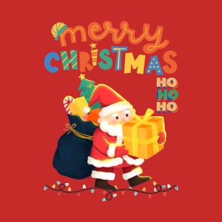 Merry Christmas Santa Delivering Presents Colorful Festive T-Shirt