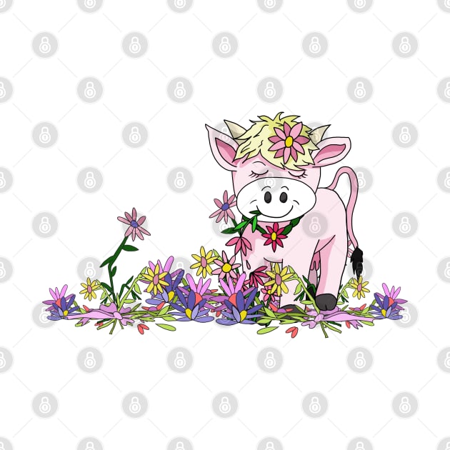 kawaii cow stands in pretty flowers by cuisinecat