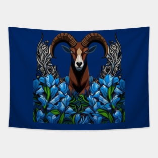 Cartoon Of A Bighorn Sheep With Colorado Blue Columbine Tapestry