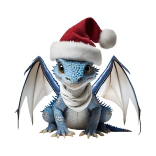 Cute Blue Baby Dragon Wearing a Red Festive Christmas Hat T-Shirt