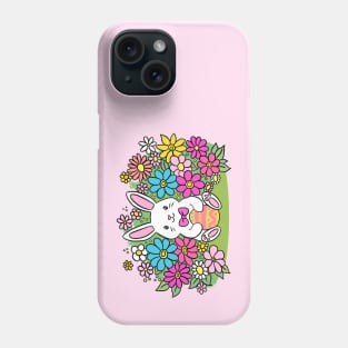 Adorable cartoon easter bunny holding a colourful egg surrounded by flowers Phone Case