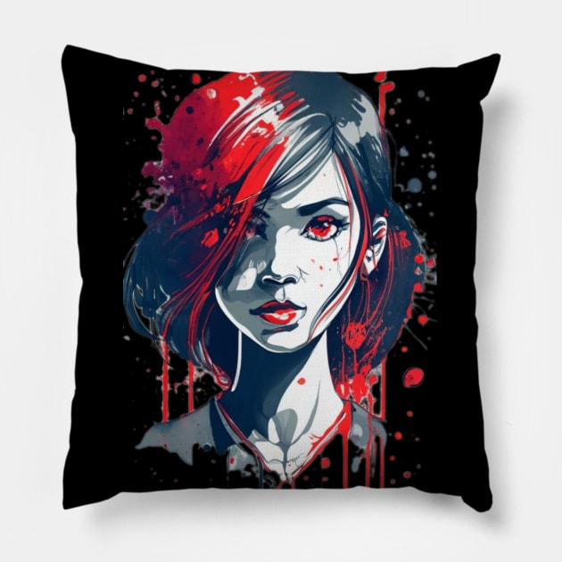 Cute girl with red eyes anime style Pillow by Bergen242