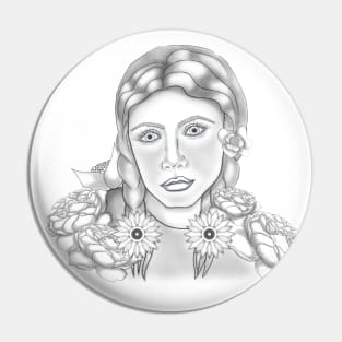 Sketch Girl with peonies, line, black and white,portrait Pin