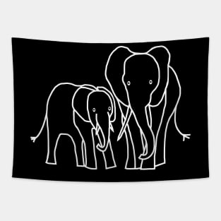 White Line Minimal Design Little Elephant and Big Elephant Tapestry