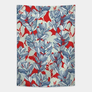 Leaf and Berry Sketch Pattern in Red and Blue Tapestry