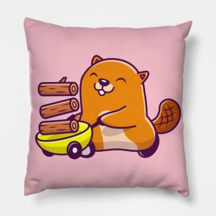 Cute Beaver With Cart And Wood Cartoon Pillow