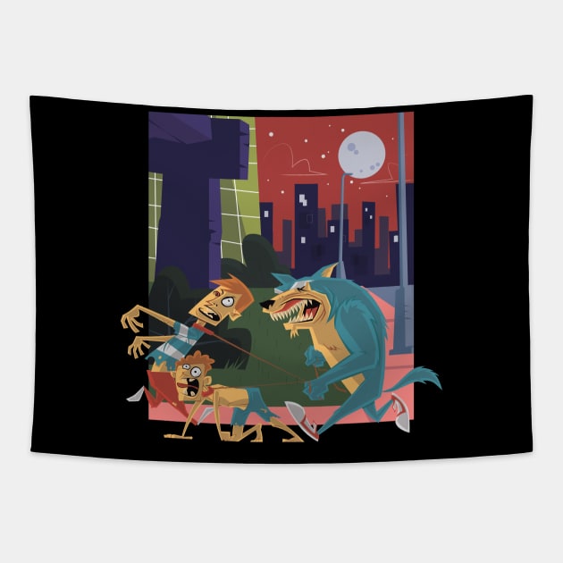 Funny werewolf goes for a walk with 2 people Tapestry by rueckemashirt