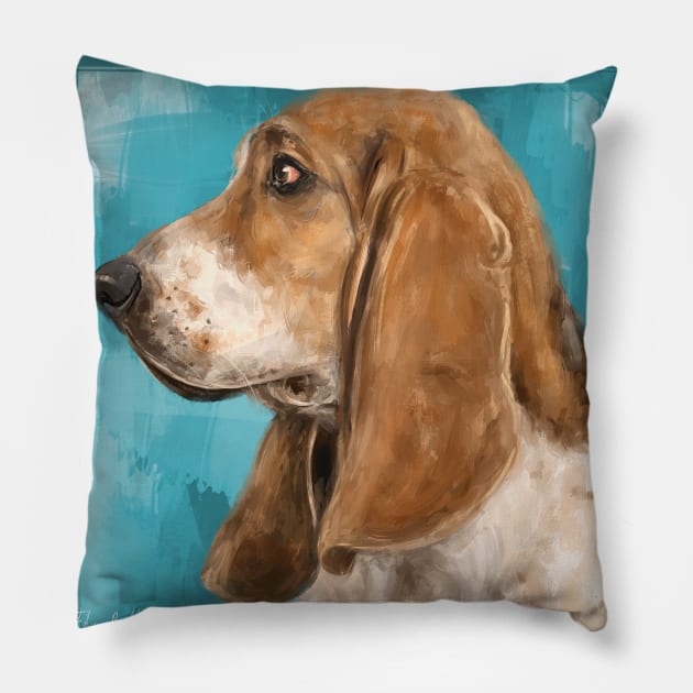 Painting of a Basset Hound Dog From The Side on Blue Background Pillow by ibadishi