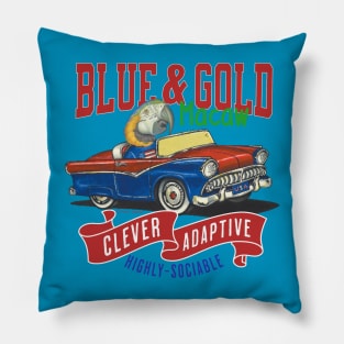 Funny and cute African Blue & Gold Macaw bird driving a classic vintage car with red white and blue flags tee Pillow