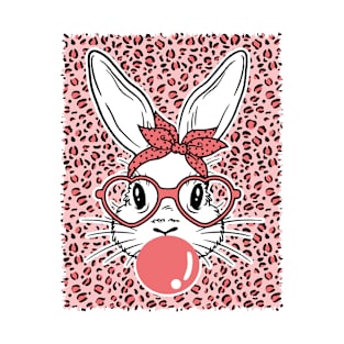 Leopard Print Easter Bunny With Bandana Heart Glasses Bubblegum Happy Easter Day T-Shirt