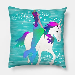 Mermaid on Unicorn with Sparkling Waves Green Pillow