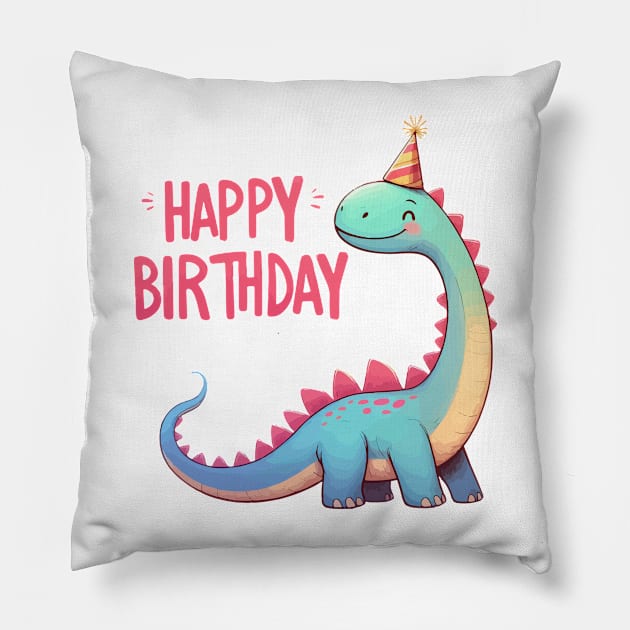 Kawaii Happy Birthday Dinosaur Brontosaurus Party Pillow by TomFrontierArt