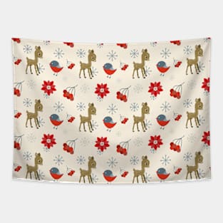 Little deer, bullfinch bird, red rowan berries and poinsettia Tapestry