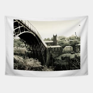 Ironbridge with Village in Spring Snow Tapestry