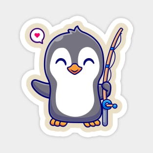 Cute Penguin With Fishing Rod Cartoon Magnet