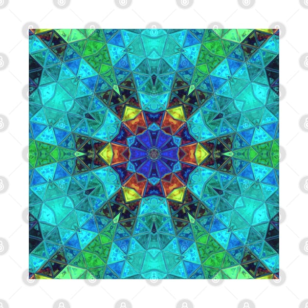 Mosaic Kaleidoscope Flower Blue Green and Yellow by WormholeOrbital